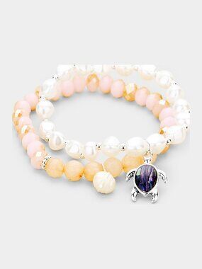 Freshwater Pearl Sea Turtle Charm Bracelet Set of 2 - Abalone Beaded Stretch